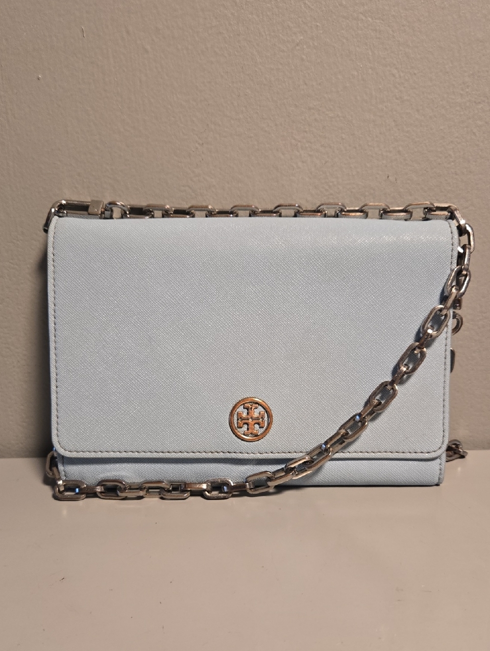 Tory Burch Leather Crossbody Light Blue Chain Strap